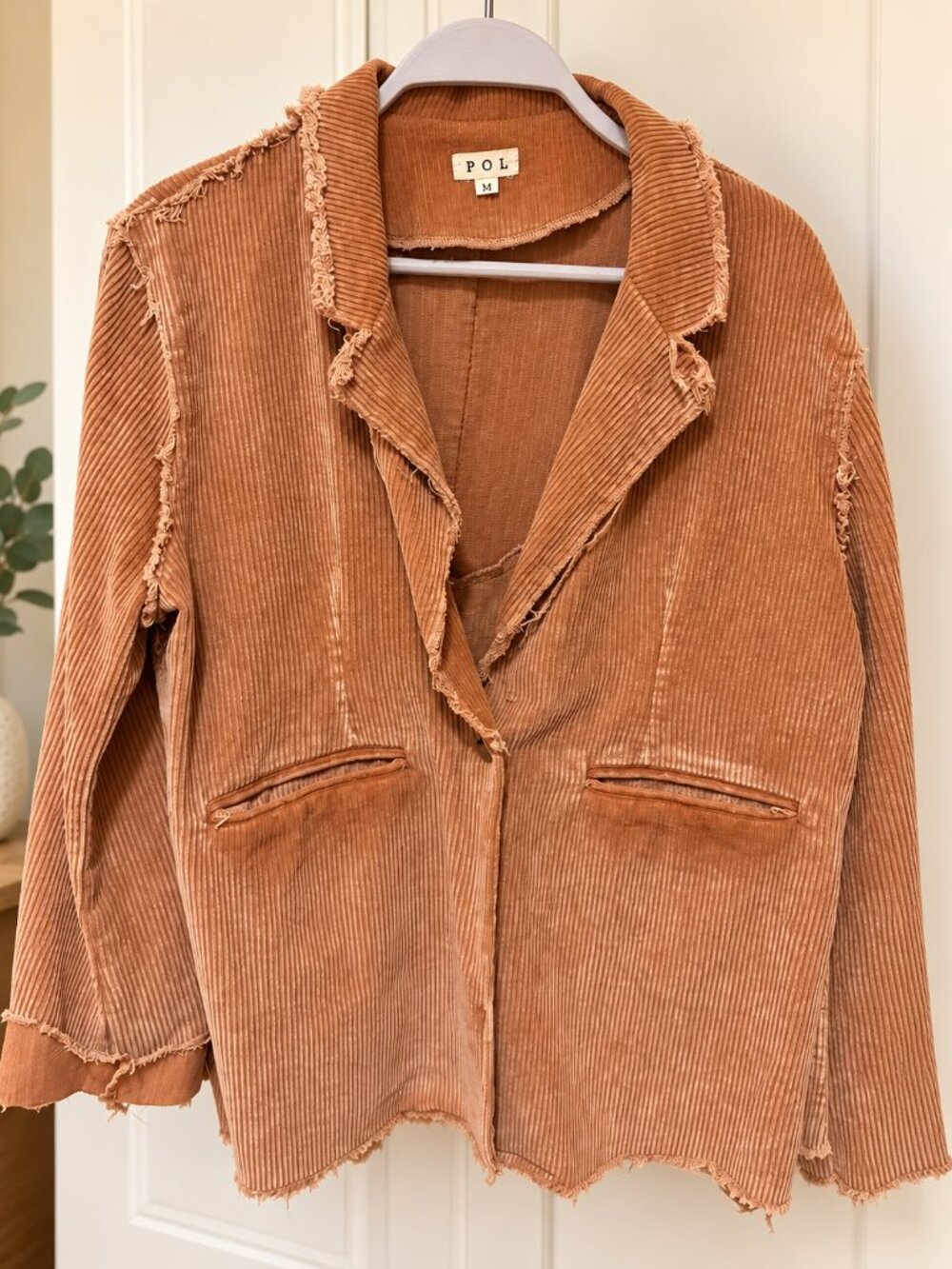 POL Distressed Raw Edge Corduroy Blazer Jacket Caramel Tan Boho M